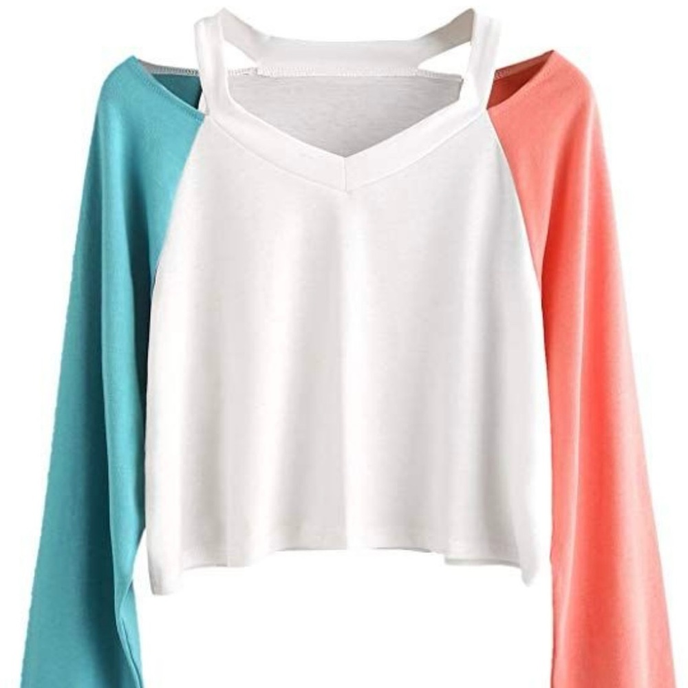 Sweaty Rocks Crop Top Multi-Color Cut Out Shoulder Long Sleeves Shirt. Sz S